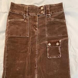 Y2K Brown Soft Corduroy Skirt Knee Length ELLEMENNO Vintage Front Pockets Button